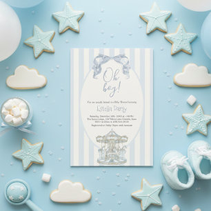 Oh Boy Blue Bow Carousel Vintage Baby Shower Invitation