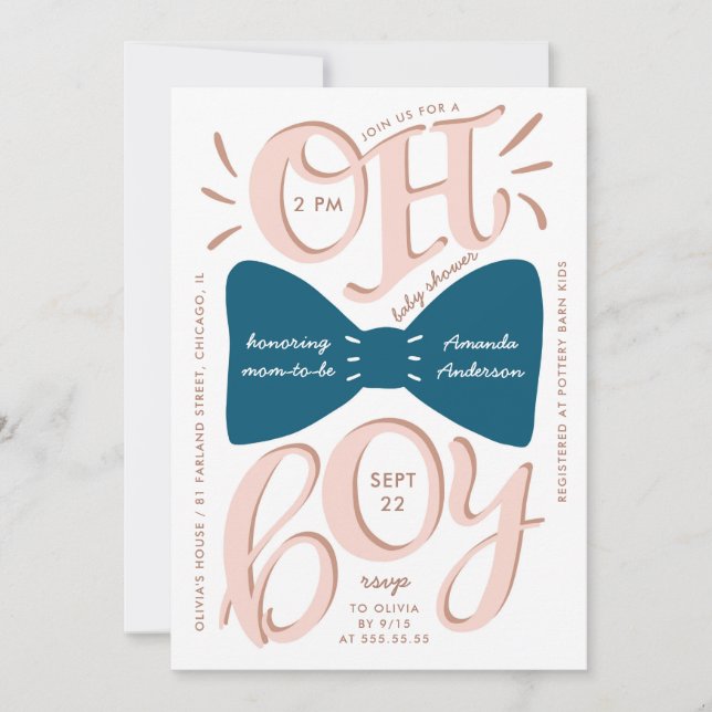 Oh boy. Blue bow tie Modern typography baby shower Invitation (Front)