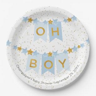 Oh Boy Blue Bunting Flags Baby Shower Paper Plate
