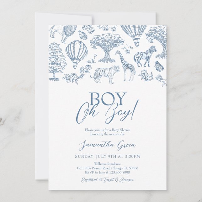 Oh Boy Blue Chinoiserie Safari Baby Shower Invitation (Front)