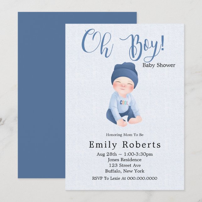 Oh Boy blue  Denim Cartoon Baby Shower Invitations (Front/Back)