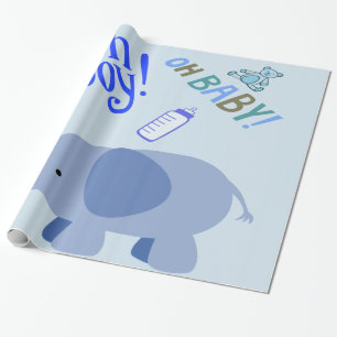 Oh Boy Blue Elephant Baby Shower Art Wrapping Paper
