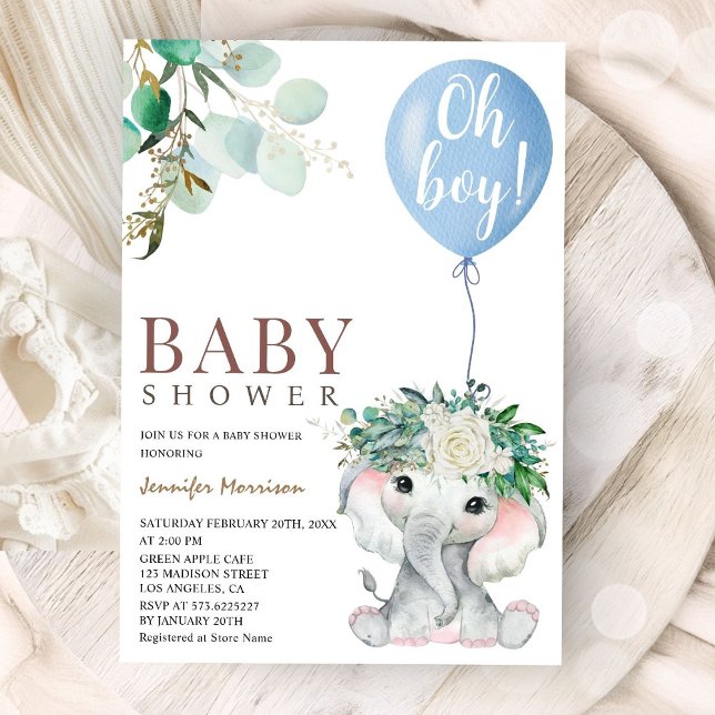 Oh Boy Blue Elephant Baby Shower  Invitation (Creator Uploaded)
