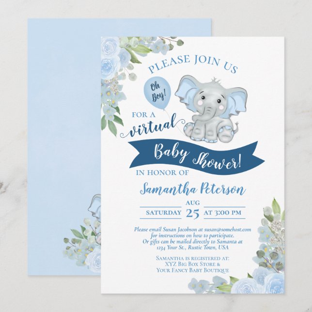 Oh Boy! Blue Elephant & Floral Virtual Baby Shower Invitation (Front/Back)