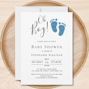 Oh Boy Blue Glitter Feet Boy's Baby Shower Invitation