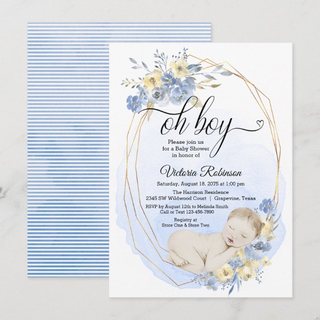 Oh Boy Blue Gold Watercolor Boy Baby Shower Invitation (Front/Back)