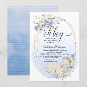 Oh Boy Blue Gold Watercolor Boy Baby Shower Invitation