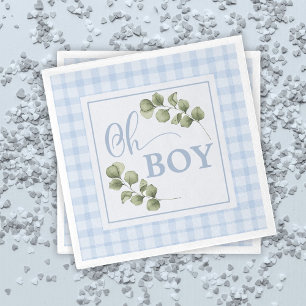 Oh Boy Blue Greenery and Gingham Baby Shower Napkin