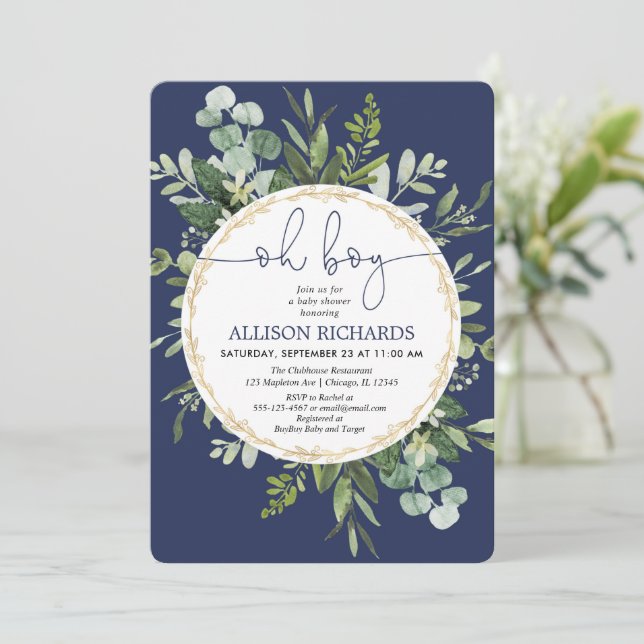 Oh boy blue greenery gold foliage baby shower invitation (Standing Front)