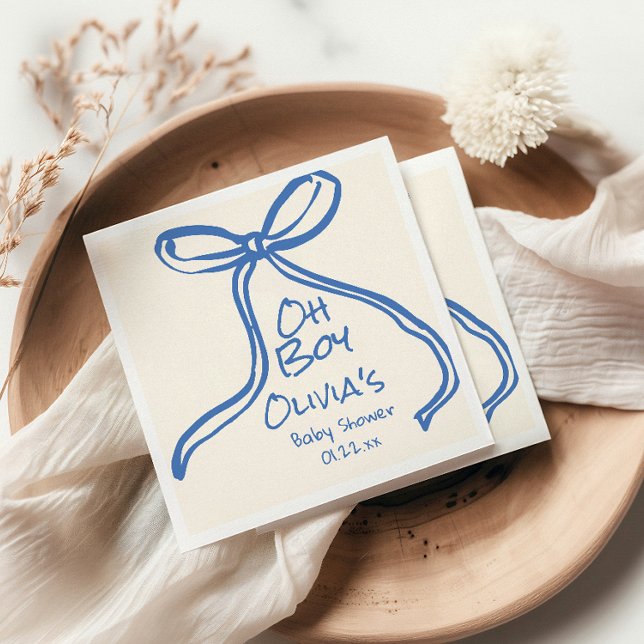 Oh Boy Blue Hand Written Drawn Bow Baby Shower Napkin (Creator Uploaded)