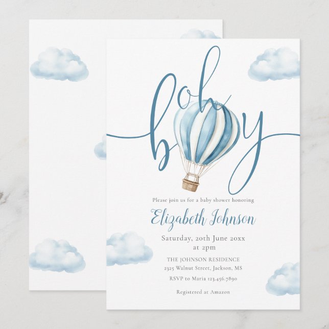 Oh Boy Blue Hot Air Balloon Baby Shower Invitation (Front/Back)
