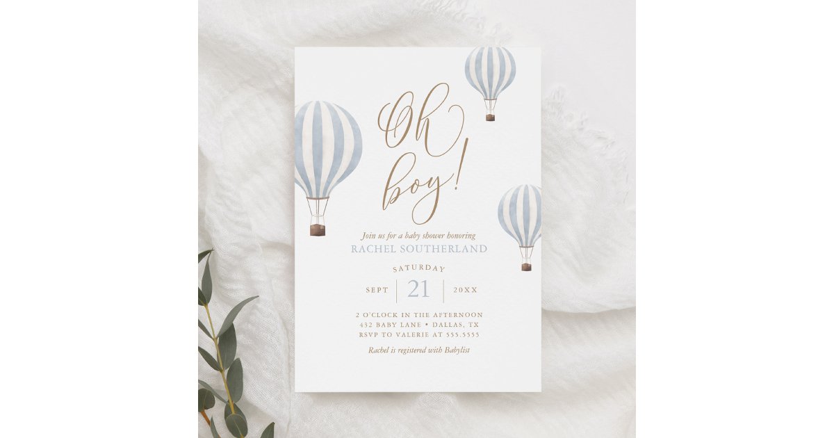 Oh Boy Blue Hot Air Balloon Baby Shower Invitation | Zazzle