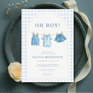 Oh Boy Blue Jean Denim Clothesline Baby Shower  Invitation