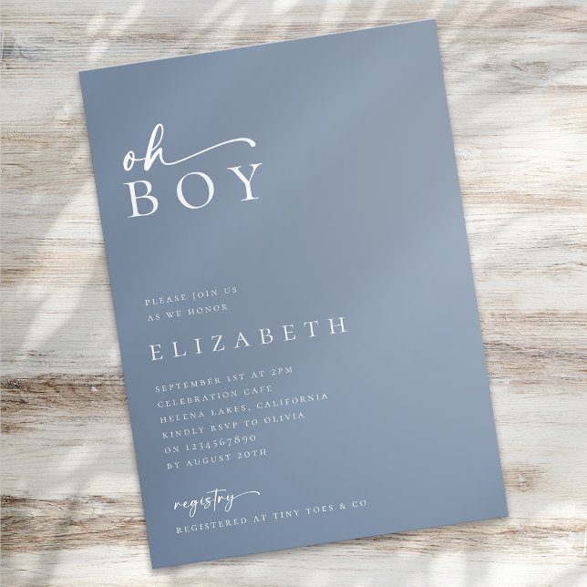 Oh Boy Blue Minimalist Script Baby Shower Invitation (Creator Uploaded)
