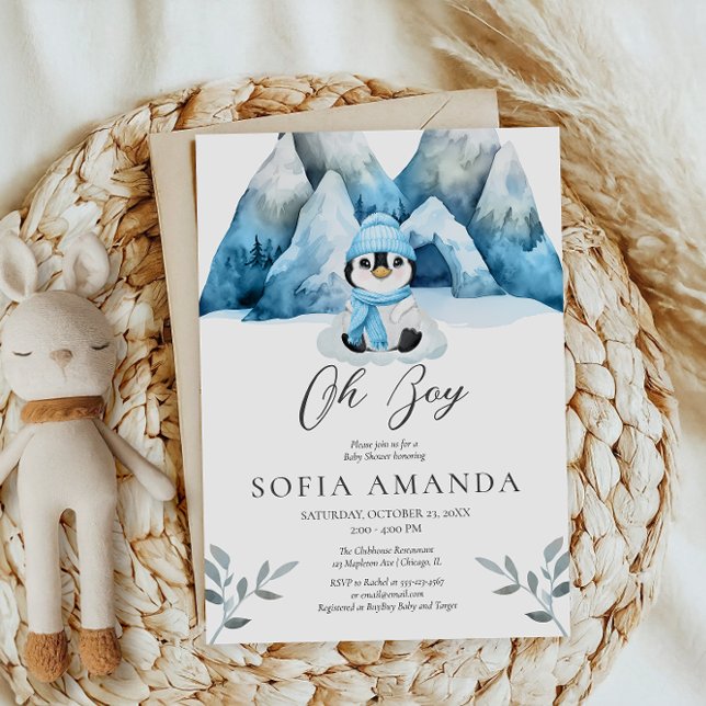 Oh Boy Blue Penguins Winter Baby Shower Invitation (Creator Uploaded)