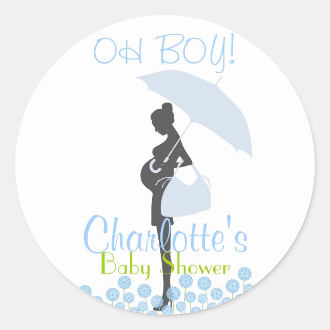 OH BOY! Blue Silhouette Baby Shower Party Favour Classic Round Sticker (Front)