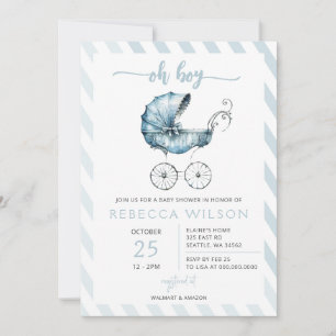 Oh Boy Blue Stroller Pram Boy Baby Shower Invitation