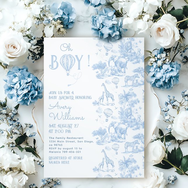 Oh Boy Blue Toile Safari Animal Baby Shower Invitation (Creator Uploaded)