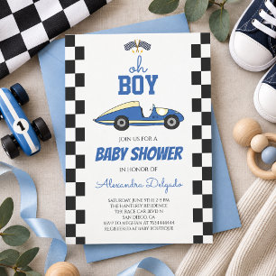 Oh Boy Blue Vintage Race Car Baby Shower Invitation