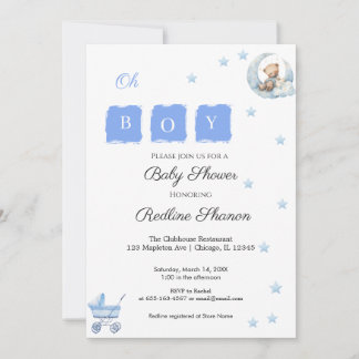 Oh boy blue water colour bear stroller and stars invitation