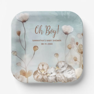 Oh Boy! blue watercolor baby shower Paper Plate