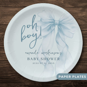Oh Boy Blue Watercolor Bow Baby Shower Paper Plate