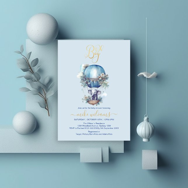 Oh boy blue watercolor elephant baby shower invitation (Creator Uploaded)