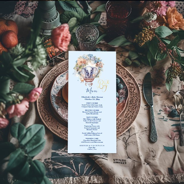 Oh boy blue watercolor elephant baby shower menu (Creator Uploaded)