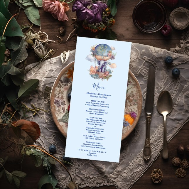 Oh boy blue watercolor elephant baby shower menu (Creator Uploaded)