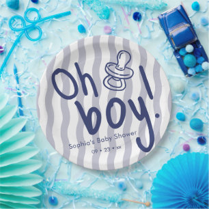 Oh Boy Blue Wavy Stripes Baby Shower  Paper Plate