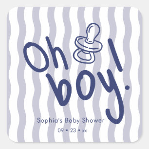 Oh Boy Blue Wavy Stripes Baby Shower Square Sticker