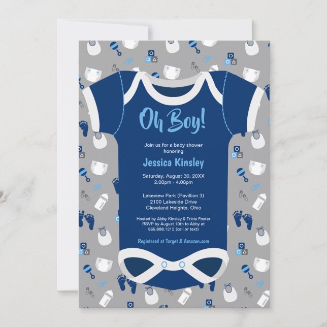 Oh Boy! Bodysuit baby clothes shower invitation (Front)