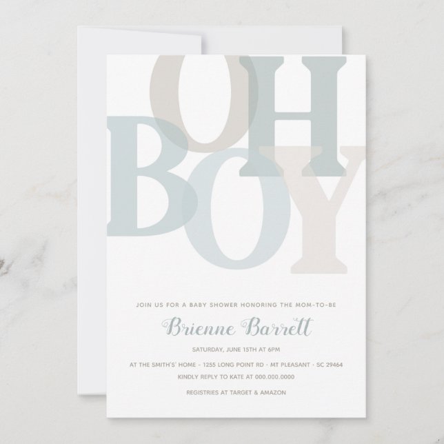 Oh Boy Boho Blue & Beige Minimalist Baby Shower Invitation (Front)