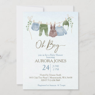 Oh boy boho clothes baby shower  invitation