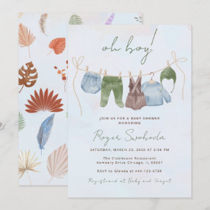 Oh Boy boho watercolor baby clothes blue Invitation