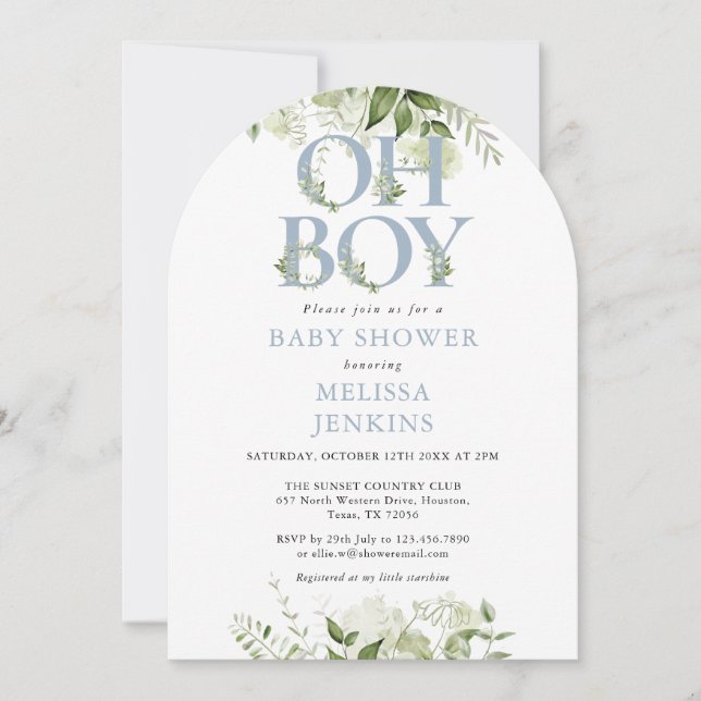 Oh Boy Botanical Greenery Dusty Blue Baby Shower Invitation (Front)