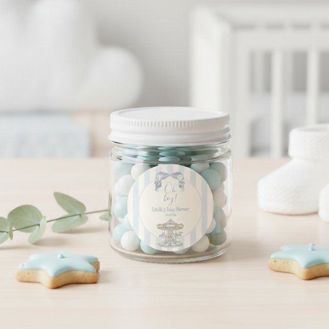 Oh Boy Bow Carousel  Blue Stripe Baby Shower  Classic Round Sticker (Creator Uploaded)