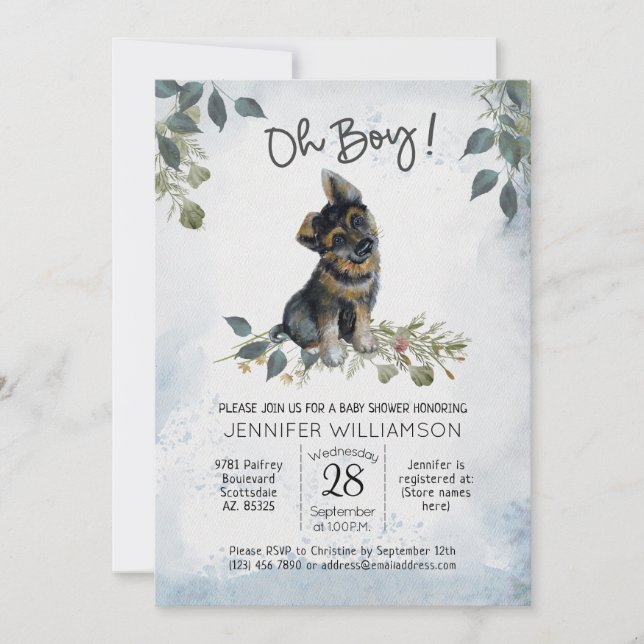Oh Boy! Boy Baby German Shepherd  Invitation (Front)