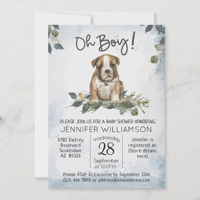 Oh Boy! Bulldog Puppy Modern Watercolor Baby  Invitation (Front)