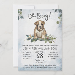 Oh Boy! Bulldog Puppy Modern Watercolor Baby Invitation