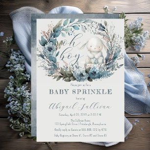 Oh Boy Bunny Rabbit Blue Floral Wreath Baby Shower Invitation
