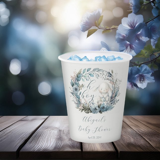 Oh Boy Bunny Rabbit Blue Floral Wreath Baby Shower Paper Cups (Bunny Rabbit and Blue Floral Wreath Boy Baby Shower Paper Cups - "Oh Boy" Bunny Collection)