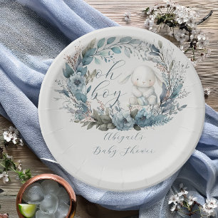 Oh Boy Bunny Rabbit Blue Floral Wreath Baby Shower Paper Plate