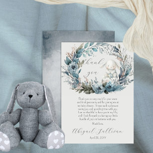 Oh Boy Bunny Rabbit Blue Floral Wreath Baby Shower Thank You Card