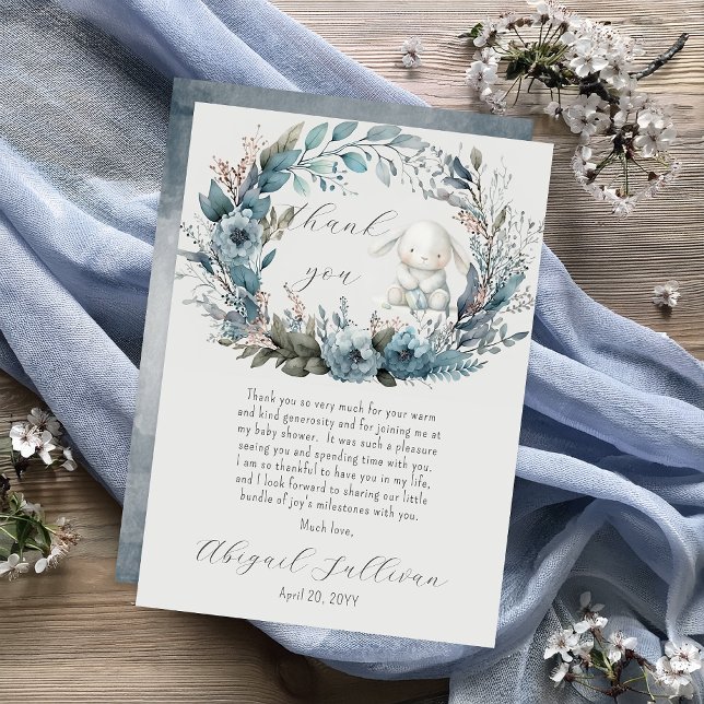 Oh Boy Bunny Rabbit Blue Floral Wreath Baby Shower Thank You Card (Bunny Rabbit and Blue Floral Wreath Boy Baby Shower Thank You Flat Card - "Oh Boy" Bunny Collection)