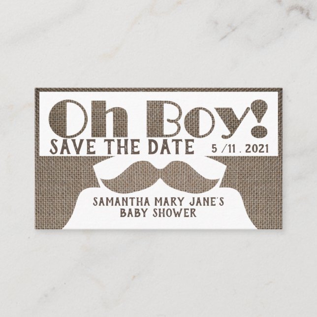 Oh Boy, Burlap Moustache Save the Date Enclosure Card (Front)