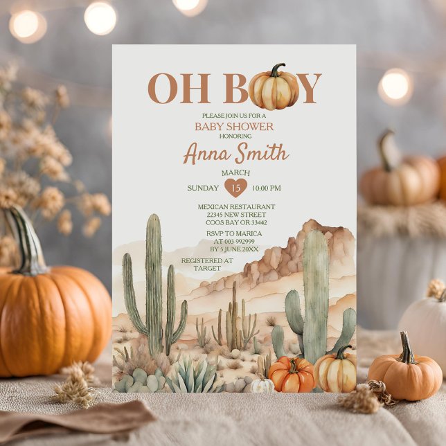 Oh Boy Cactus Desert Landscape Pumpkin Baby Shower Invitation (Creator Uploaded)
