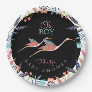 Oh Boy Chic Floral Botanical Stork Baby Shower Paper Plate