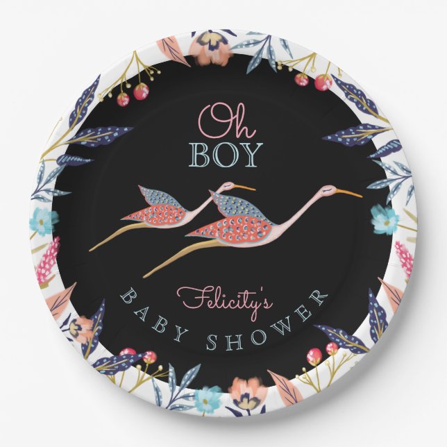 Oh Boy | Chic Floral Botanical Stork Baby Shower Paper Plate (Front)