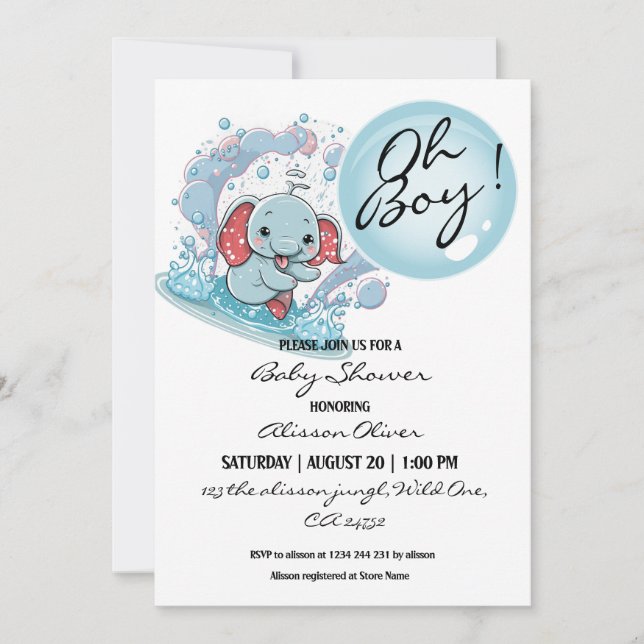 Oh Boy Cute Baby Elephant Blue Bubble Baby Shower  Invitation (Front)